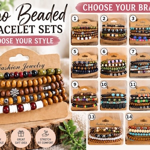 May include: A collection of beaded bracelet sets displayed on brown cardboard cards labeled Fashion Jewelry. The image features fourteen numbered styles with various bead colors, shapes, and patterns, including wood, metal, and plastic accents.