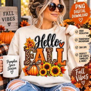 Hola otoño PNG, diseño de leopardo, calabaza y girasol, gráfico para camiseta de otoño, PNG de sublimación de otoño, descarga digital de la temporada de calabazas
