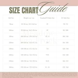 Op de afbeelding: Een maattabel voor kinderkleding met de titel Meadow Fae Frock. De tabel bevat kindermaten van 90cm tot 160cm, bijbehorende lengtes in cm en inches, standaard Amerikaanse kindermaten van 2T tot 14 en EU-kindermaten van 90 tot 164.