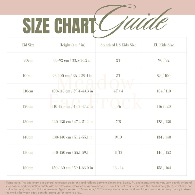 Op de afbeelding: Een maattabel voor kinderkleding met de titel Meadow Fae Frock. De tabel bevat kindermaten van 90cm tot 160cm, bijbehorende lengtes in cm en inches, standaard Amerikaanse kindermaten van 2T tot 14 en EU-kindermaten van 90 tot 164.