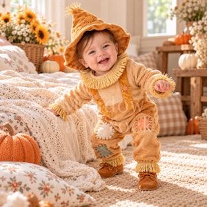 May include: A tan plush scarecrow costume featuring a pointed hat, a fringed collar, and cuffs. The outfit includes overall-style straps with circular buttons and decorative patches in light blue, white, and orange on the legs. The fabric is textured.