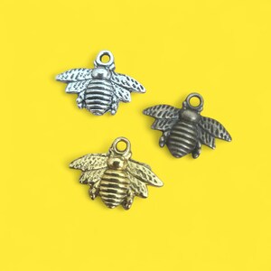 Honey Bee Charms 16x21mm - Silver, Gold, Bronze -For a Honey wedding favor, special occasion decoration, jar cover embellishment - Lead Free