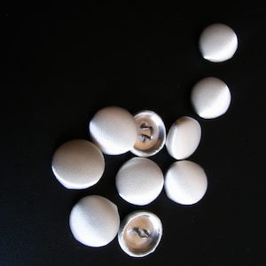 May include: A group of ten white satin buttons with silver metal shanks. The buttons are arranged in a semi-circle on a black surface.