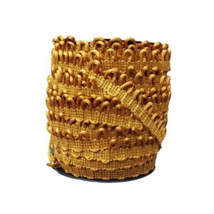 Peut inclure: Une bobine de galon décoratif jaune doré présentant un motif répétitif de petites boucles de tissu en relief sur le bord supérieur et une base tissée plate. La garniture est enroulée serrée en forme cylindrique, avec une texture uniforme.