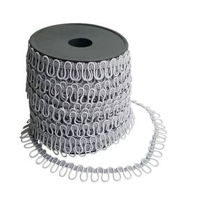 May include: A spool of gray curtain tape with white metal loops. The tape is wound around a black plastic spool.