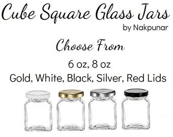 12 pcs 6 oz Glass Cube Square Jars with Gold, Black, White or Silver Lids - Made in Europe -  DIY Wedding jam, jelly, honey favors