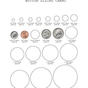 May include: A chart showing the sizing of buttons in inches and millimeters. The chart includes a visual representation of the size of each button using circles. The chart also includes the corresponding Ligne number for each button size.
