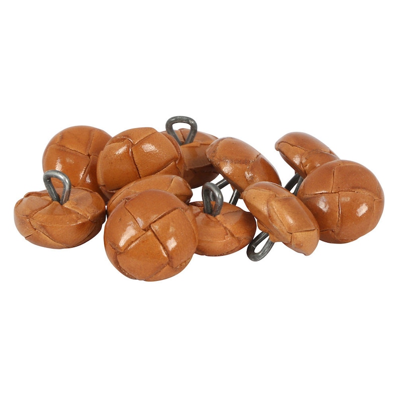 May include: A group of ten brown leather buttons with a woven pattern. Each button has a metal shank for sewing.
