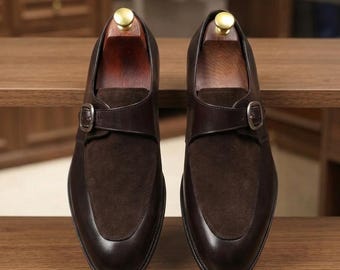 Men's Brown Suede Leather Sleek Italian Monk Straps - Handmade Formal Dress Shoes