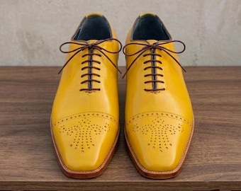 Handmade Men's Oxford Spectator Brogue Mustard Yellow Leather Dress Shoes