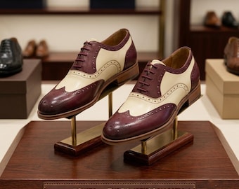 Handmade Men's Two Tone Oxford Spectator Wingtip Brogue Ivory & Burgundy Leather Dress shoes