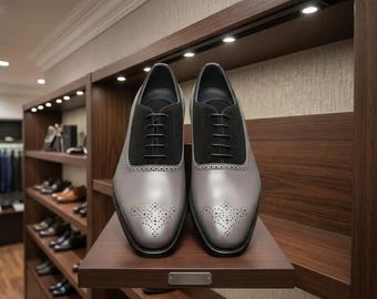 Handmade  Men's Two-Tone Grey Leather & Black Suede Oxfords - Wingtip Brogues Custom Dress Shoes
