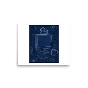 May include: A dark blue blueprint-style illustration featuring a computer monitor with a rubber duck perched on top, a coffee mug with steam, a pencil holder, and a flat rectangular object, all rendered in thin white technical line art.
