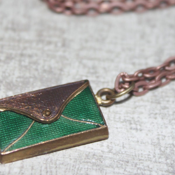 Victorian Green Enamel Charm Vintage Bag Purse Clutch Charm with New Antique Copper Chain