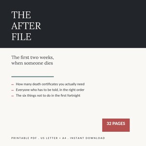 May include: A digital document titled THE AFTER FILE, The first two weeks, when someone dies. It lists three bullet points regarding death certificates, notifications, and tasks. The document is 32 pages, available as a printable PDF in US Letter and A4.
