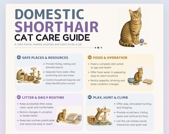 May include: A Domestic Shorthair Cat Care Guide infographic featuring a brown tabby cat illustration. The document includes five numbered sections covering safe places, food, hydration, litter routines, play, and grooming with bulleted text.