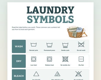 May include: A printable laundry symbols guide featuring the text "LAUNDRY SYMBOLS" and "Read the label before you wash. These common care symbols tell you how to treat each garment." It includes a wicker basket of folded clothes and icons for washing, drying, bleaching, and ironing.