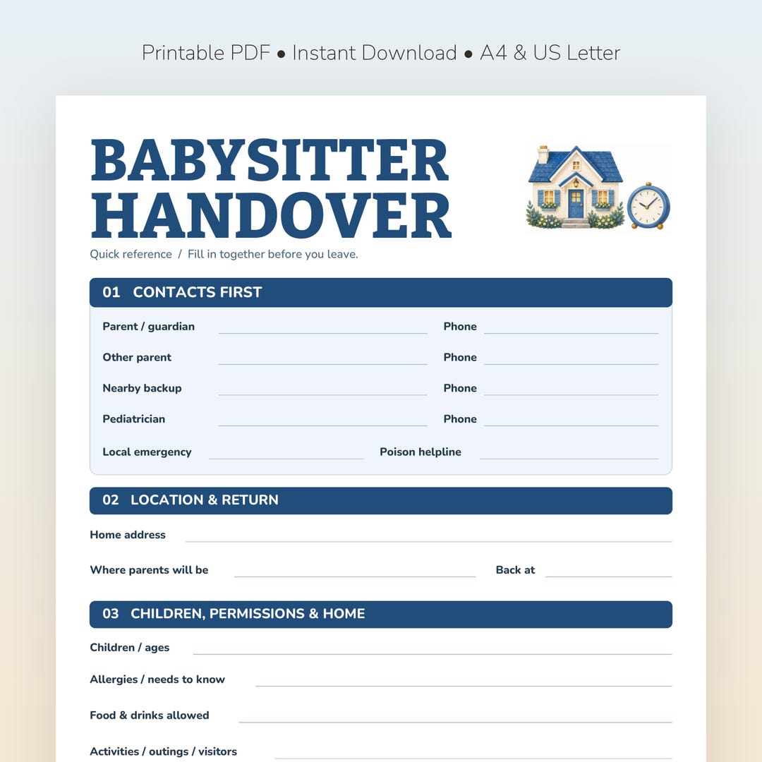 Babysitter Handover Printable, Parent Contact Routine and Sitter Notes ...