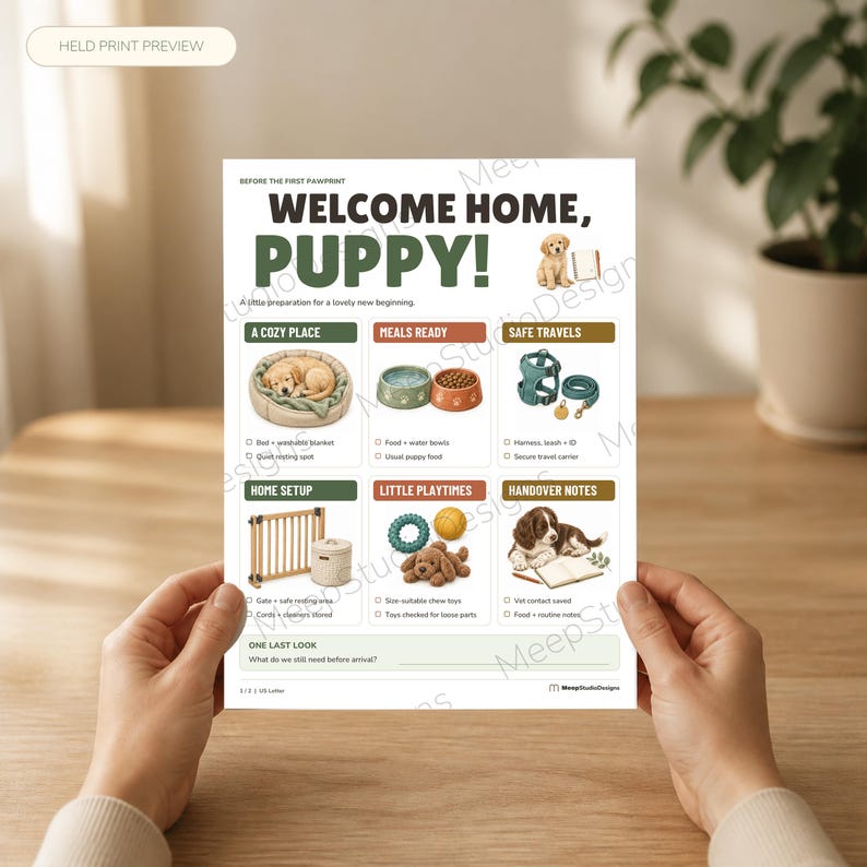 May include: A white informational checklist titled Welcome Home, Puppy! featuring illustrations of puppy supplies including a bed, food bowls, harness, leash, gate, and toys. The document includes sections for preparation, a puppy photo, and a final checklist area.