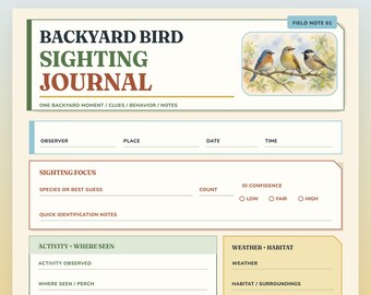 May include: A printable Backyard Bird Sighting Journal page featuring a header with the text Backyard Bird Sighting Journal and an illustration of three birds on a branch. The form includes sections for observer, place, date, time, sighting focus, activity, and weather.