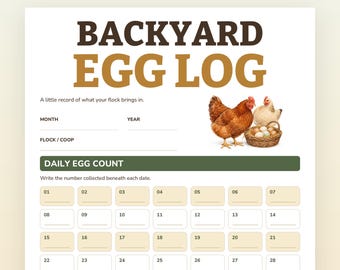 May include: A printable Backyard Egg Log document featuring the title in brown and gold text, a graphic of two chickens and a basket of eggs, and a grid for daily egg counts numbered 01 through 31 with spaces for month, year, and coop notes.