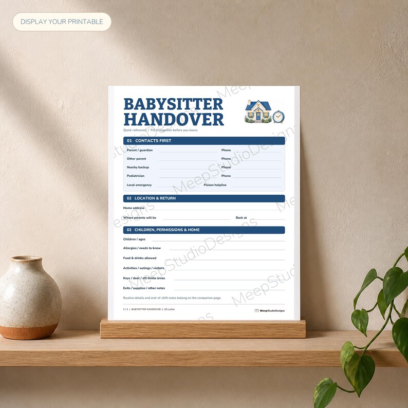 Babysitter Handover Printable, Parent Contact Routine and Sitter Notes ...