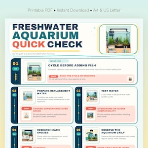 May include: A printable infographic titled Freshwater Aquarium Quick Check featuring five numbered steps for aquarium maintenance. The guide includes illustrations of a fish tank, water testing kits, and text instructions for fish care.