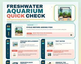 May include: A printable infographic titled Freshwater Aquarium Quick Check featuring five numbered steps for aquarium maintenance. The guide includes illustrations of a fish tank, water testing kits, and text instructions for fish care.
