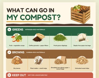 May include: An educational infographic titled WHAT CAN GO IN MY COMPOST? featuring a wooden compost bin illustration. It categorises items into GREENS, BROWNS, and KEEP OUT sections with icons and text labels for various organic materials and waste.
