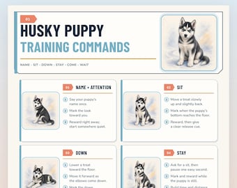 May include: A printable PDF document titled Husky Puppy Training Commands, featuring illustrations of a black and white husky puppy. The guide lists instructions for commands including name, sit, down, stay, come, and wait, formatted for A4 and US Letter.