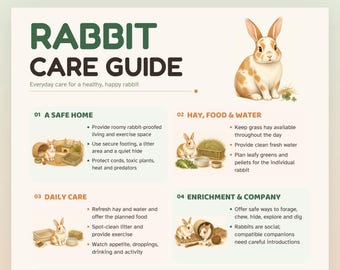 May include: A Rabbit Care Guide infographic featuring a brown and white rabbit illustration. The text includes sections titled A Safe Home, Hay, Food & Water, Daily Care, Enrichment & Company, and Grooming & Routine Health with bulleted advice.