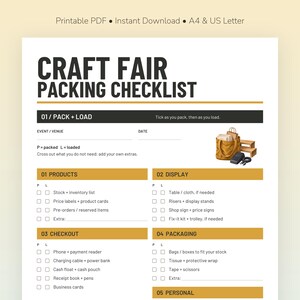 May include: A printable craft fair packing checklist document with black and gold text. The form includes sections for pack and load, products, display, checkout, and packaging. An illustration of a brown tote bag and wooden risers is included.
