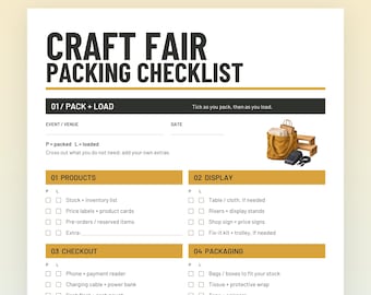 May include: A printable craft fair packing checklist document with black and gold text. The form includes sections for pack and load, products, display, checkout, and packaging. An illustration of a brown tote bag and wooden risers is included.