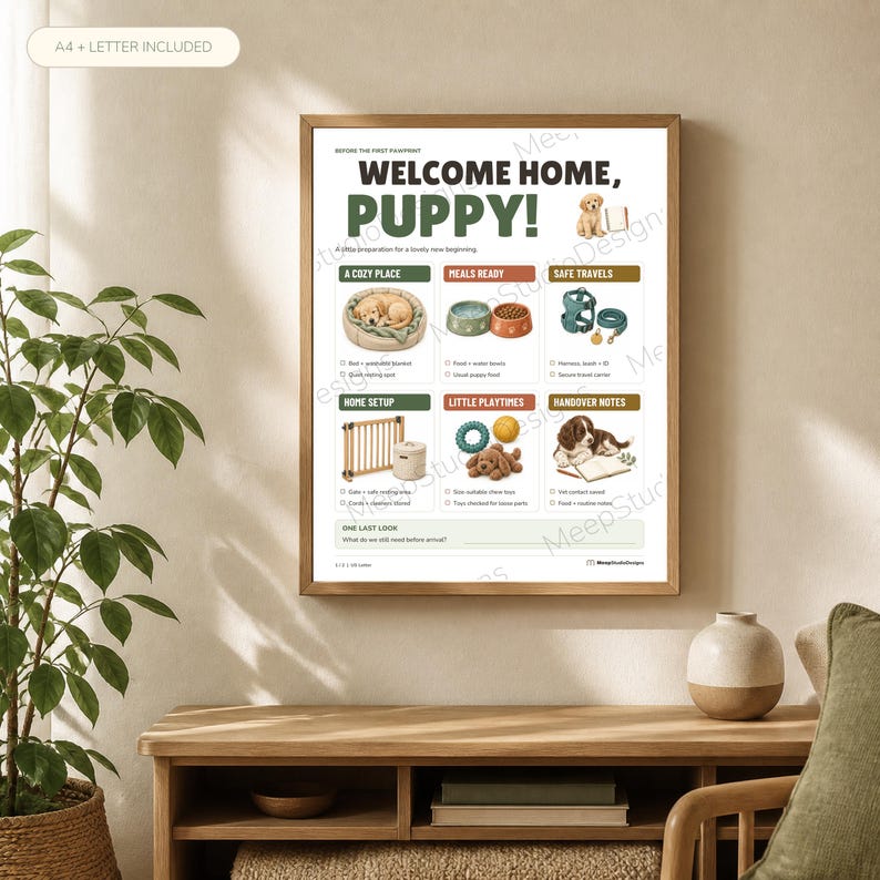 May include: A white informational poster titled Welcome Home, Puppy! featuring illustrations of puppy care essentials including a bed, food bowls, harness, gate, toys, and a puppy. The layout includes checklists for new pet owners with sections for cozy place, meals, travel, home setup, and playtime.