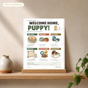 May include: A white informational checklist titled Welcome Home, Puppy! featuring illustrations of a puppy, a dog bed, food bowls, a harness, a leash, a pet gate, toys, and a notebook. The document includes sections for home preparation and puppy care.