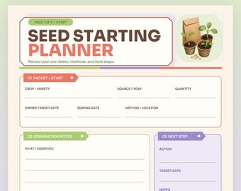 May include: A digital seed starting planner page with the text SEED STARTING PLANNER, Record your own dates, methods, and next steps. It includes sections for crop variety, source, quantity, target dates, germination notes, and next steps with plant illustrations.