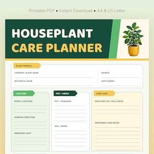 May include: A printable houseplant care planner document featuring a dark green header with the text HOUSEPLANT CARE PLANNER and a small potted plant illustration. The form includes sections for plant profile, location, pot, media, and care cues.