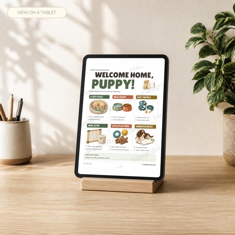 May include: A digital tablet on a wooden stand displaying a Welcome Home Puppy checklist. The document features sections for a cozy place, meals, travel, home setup, playtime, and notes, illustrated with icons of pet supplies and puppies.