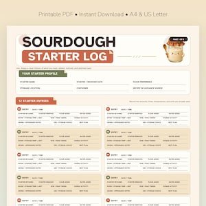 May include: A printable sourdough starter log document featuring a header with the text SOURDOUGH STARTER LOG, a small illustration of a jar with a wooden spoon, and sections for starter profile details and twelve individual starter entries.