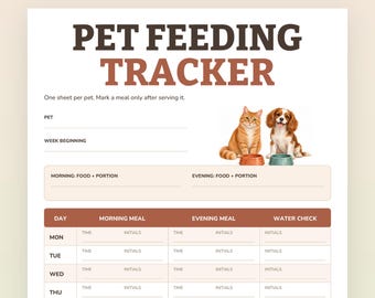May include: A printable pet feeding tracker document featuring the title PET FEEDING TRACKER, a ginger cat and a brown and white dog with bowls, and a weekly chart with columns for morning meal, evening meal, and water check for each day.