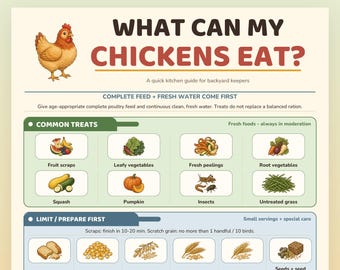 May include: A printable educational chart titled WHAT CAN MY CHICKENS EAT? featuring a brown hen illustration and categorised sections for common treats, items to limit or prepare first, and foods to avoid, with detailed food icons and text.