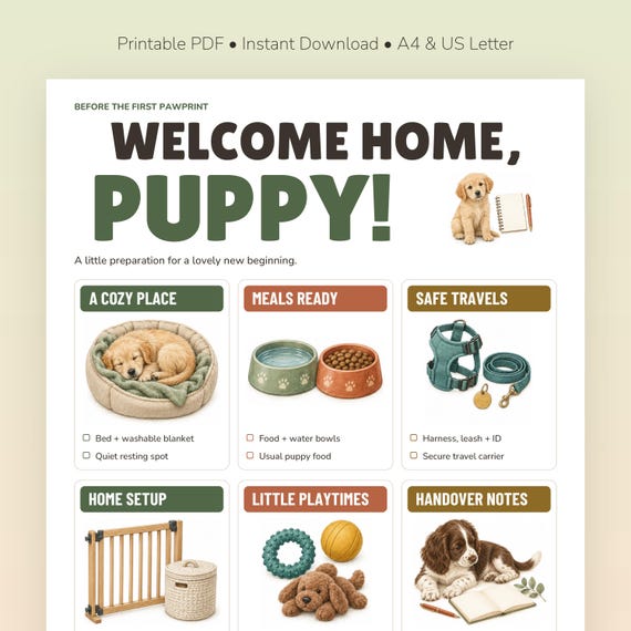 New Puppy Checklist Printable, Welcome Home Puppy and First Week Routine, 2-Page PDF