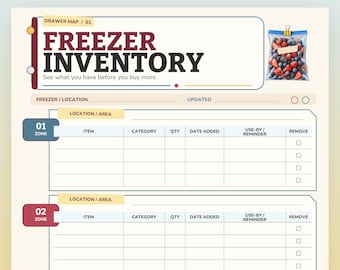 May include: A printable freezer inventory tracker sheet with a cream background. The header reads FREEZER INVENTORY and includes a graphic of a bag of berries. The layout features numbered zones with columns for item, category, quantity, date, and use-by.