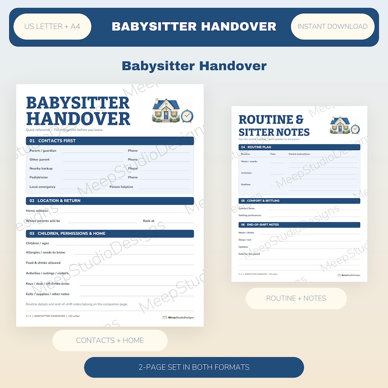 Babysitter Handover Printable, Parent Contact Routine and Sitter Notes ...