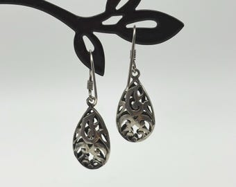925 Sterling Silver Filigree Teardrop Dangle Earrings Hook Vintage Scroll Design