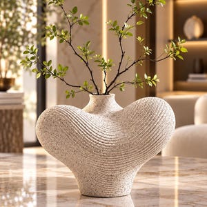 Può includere: Un ampio vaso in ceramica a forma di cuore con una finitura bianco sporco maculata e una superficie testurizzata a coste. Il vaso presenta un collo stretto e contiene un sottile stelo di pianta ramificato con piccole foglie verdi.