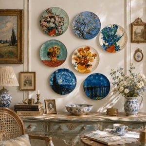 Può includere: Una collezione di sette piatti decorativi circolari con riproduzioni di dipinti di Vincent van Gogh, tra cui composizioni floreali e paesaggi, montati su una parete sopra una credenza in legno con decorazioni in ceramica blu e bianca.