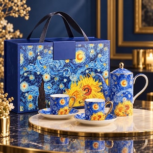 Puede incluir: Un juego de té que incluye una tetera, dos tazas y dos platillos, decorados con un vibrante patrón de remolinos azules y amarillos. El conjunto se presenta en una caja de regalo azul a juego con asa, que muestra un diseño artístico similar.