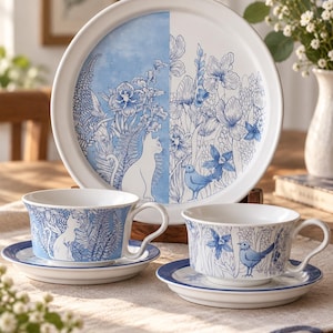 May include: A ceramic dinnerware set featuring a large round plate and two teacups with matching saucers. The pieces are decorated with blue and white botanical illustrations, including flowers, ferns, a cat, and a bird on a white background.
