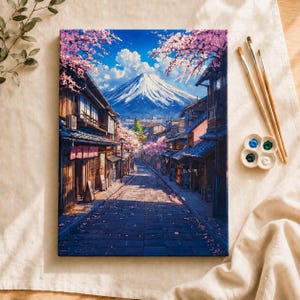 Kit de pintura por números para adultos: Calle de cerezos en flor del Monte Fuji, Aldea de linternas japonesas, Arte mural en lienzo acrílico DIY